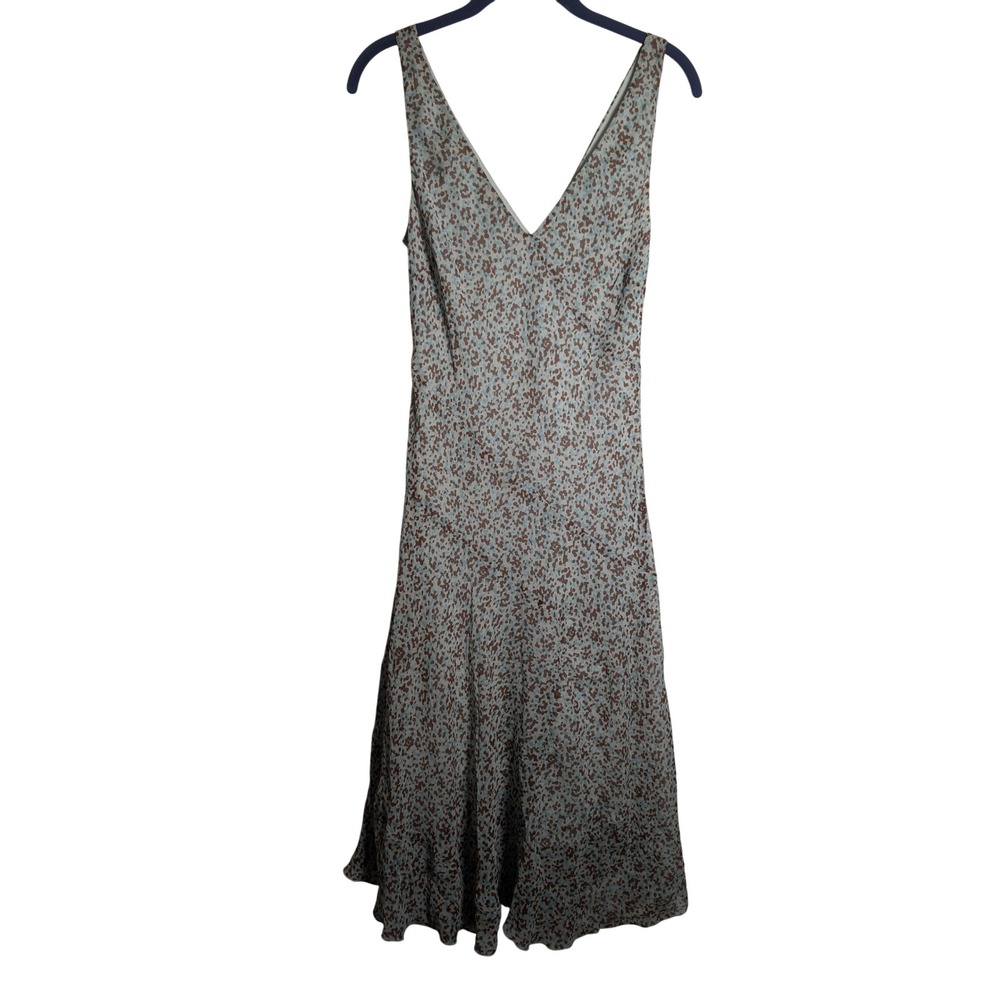 Brown Blue Floral Midi Silk Dress Sleeveless V Neck Cottagecore Size‎ 6 0322